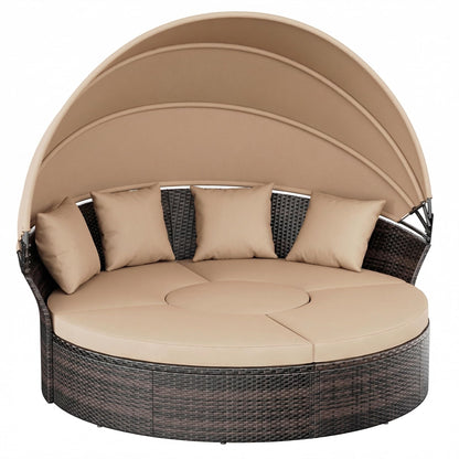 Oakmont Outdoor Patio Daybed with Retractable Canopy, Wicker Rattan Sectional Round Sofa Furniture Set, 5 Pieces Seating Separates Cushioned Seats for Lawn Garden Backyard Porch Pool, Brown