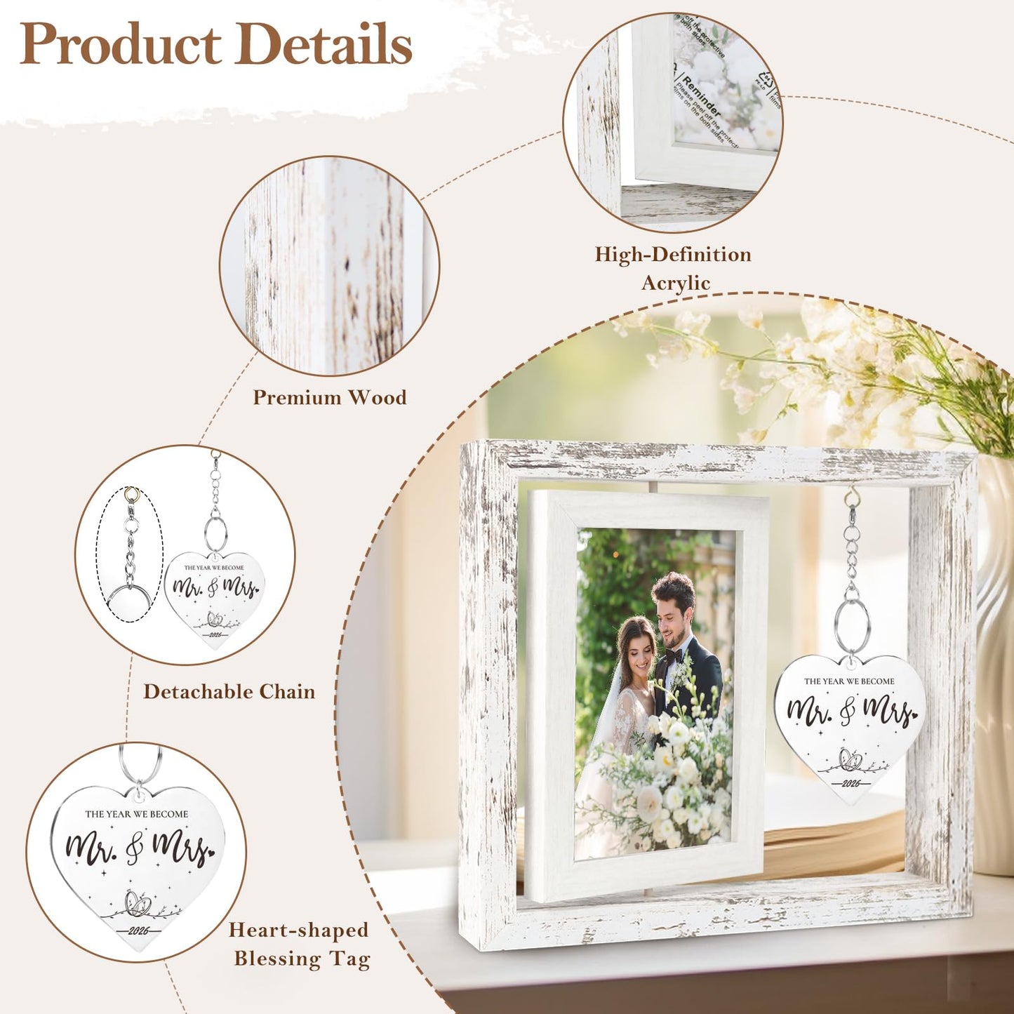PIKPEOD Wedding Gifts for Couples 2026, Engagement Gifts for Couples, Personalized Mr and Mrs Wedding Gift for Newlyweds, Bridal Shower Gift for Bride to Be, Rotating Floating Wedding Picture Frame 4x6