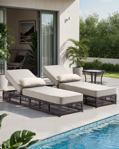 ACTREST Luxury 2PCS Outdoor Chaise Lounge and Side Table Set with 5 Inch Thick Cushions - High Back Brown Wicker Patio Recliners Chairs Lounger for Poolside Pool Porch Garden Sunbathing - Beige