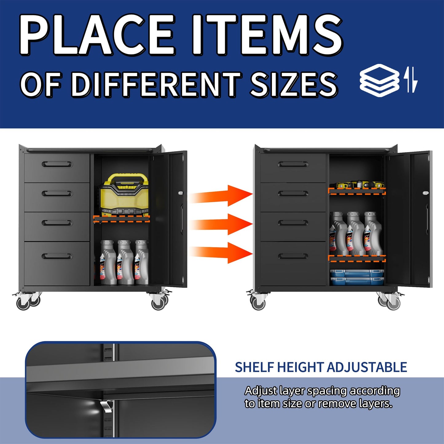 VIYET 2-Pack Rolling Garage Tool Cabinet,Heavy Duty Steel Rolling Tool Chest with Lockable Doors & Adjustable Shelves,Mobile Workshop Storage Cart for Garage Organization,Black
