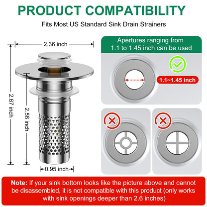 Bathroom Sink Drain Strainer,Universal Pop-Up Sink Stopper Hair Catcher, Anti-Clog Stainless Steel Drain Filter Basket, Removable Sink Drain for Bathroom Sink Stopper