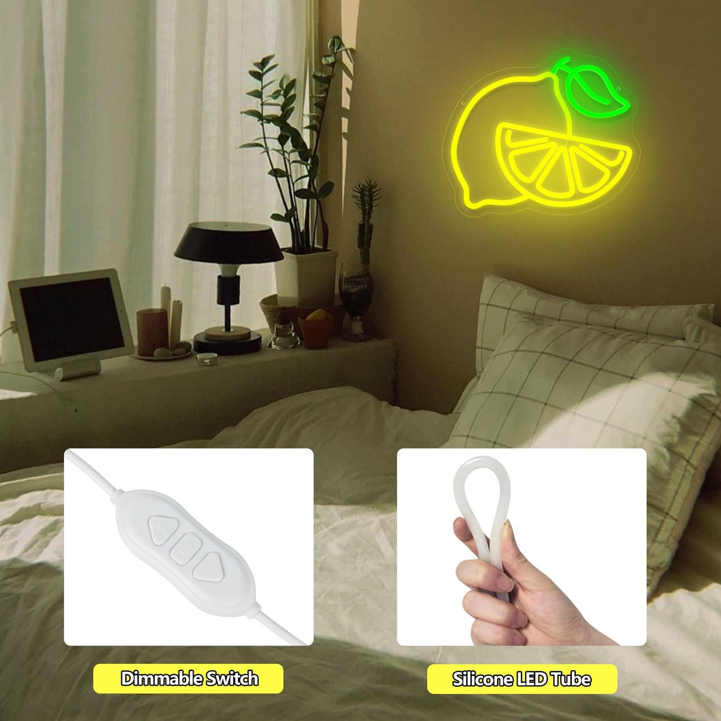 Lemon Neon Sign for Wall Decor, Dimmable Yellow Lemons Neon Lights, Vibrant Fruit Themed Neon LED Signs for Kids Room, Bedroom, Restaurant, Bar, Club, Fruit Shop, Birthday Party