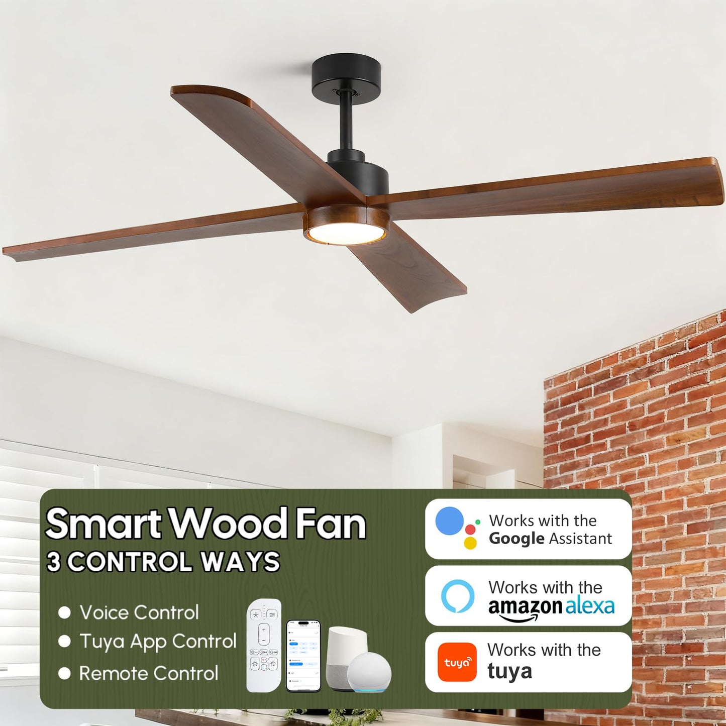 60 Inch Outdoor Smart Ceiling Fan with Light for Patio Damp Rated -High CFM Propeller 4 Wood Blades for Large Room, Rustic Farmhouse, Alexa/Tuya App/Remote Control, Quiet DC Motor, Porch, Gazebo