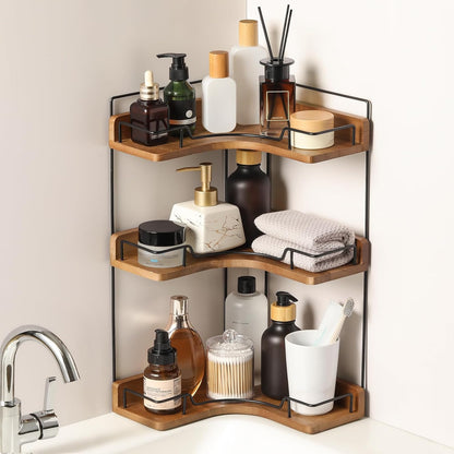 Snuvid 3-Tier Counter Countertop Bathroom Organizer, Wooden Corner Shelf for Vanity Skincare & Makeup, Storage