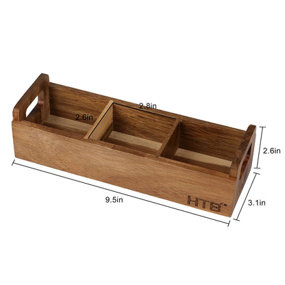 HTB Small Wooden Tea Bag Box 2PCS, 3 Compartments Acacia Wood Tea Bag Chest with Handle, Mini Countertop Divided Storage Container for Beverage Supplies, Sugar, Sweeteners, Individual Packets