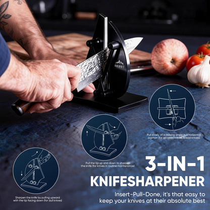 Grihot VN3 Professional Knife Sharpener | 3-Action Streamlined Sailboat Design for Effortless Knife Sharpening - The Ultimate Tool for Precision 11 to 21 Degree Angles (Obsidian Color)