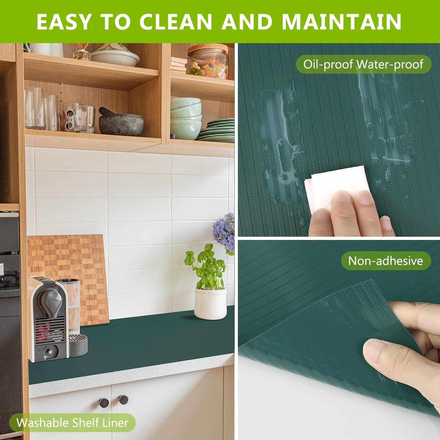 Shelf Liners Non Adhesive Kitchen Drawer Cabinet Liner, 11.8 x 157.5 inches Waterproof Durable Liners for Shelves Refrigerator Pantry Cupboard Protector Mat, Green
