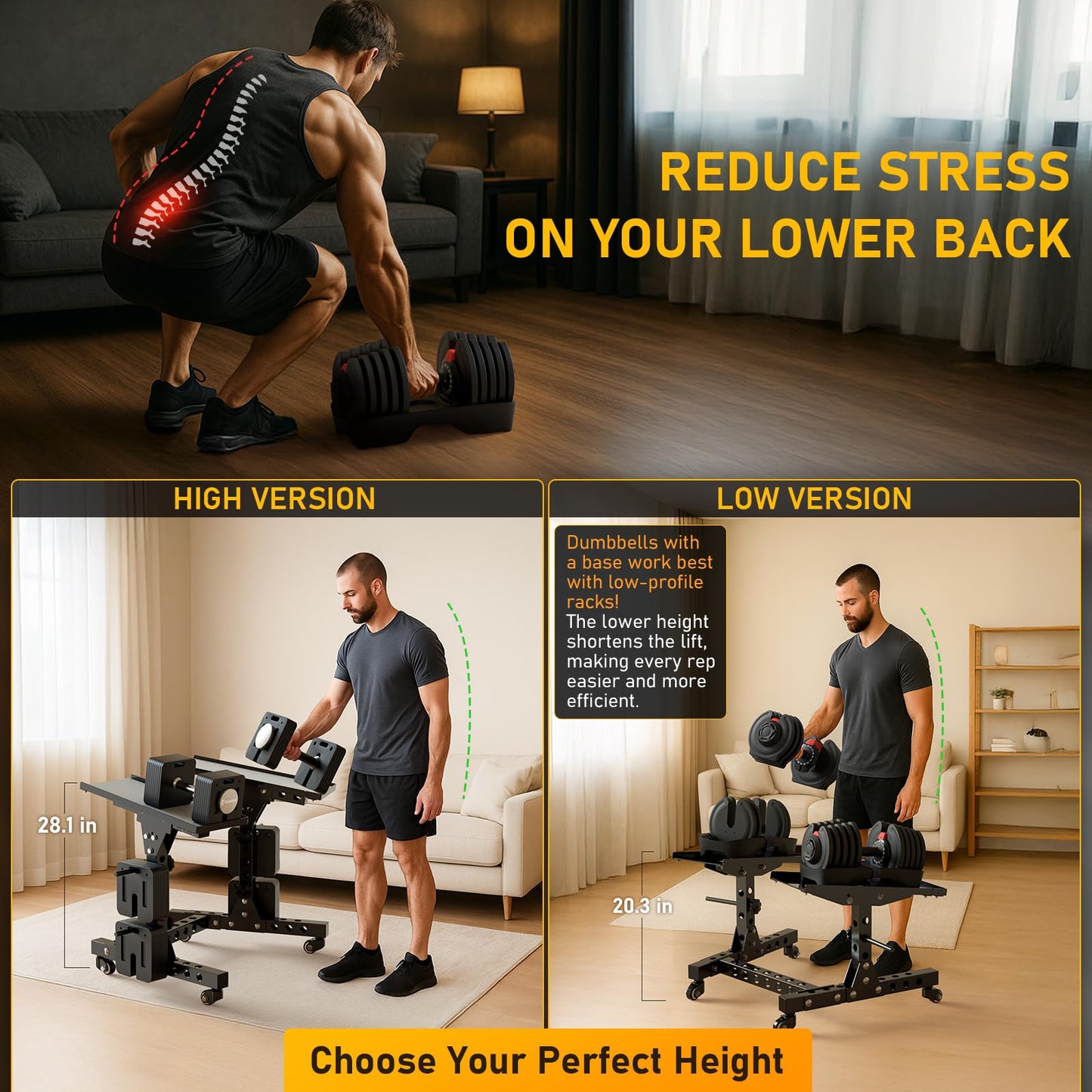Eisenlink Adjustable Dumbbell Rack & Weight Rack, Holds 440 lbs, Space Saving Design for Home Gym Organization (Low Rack)