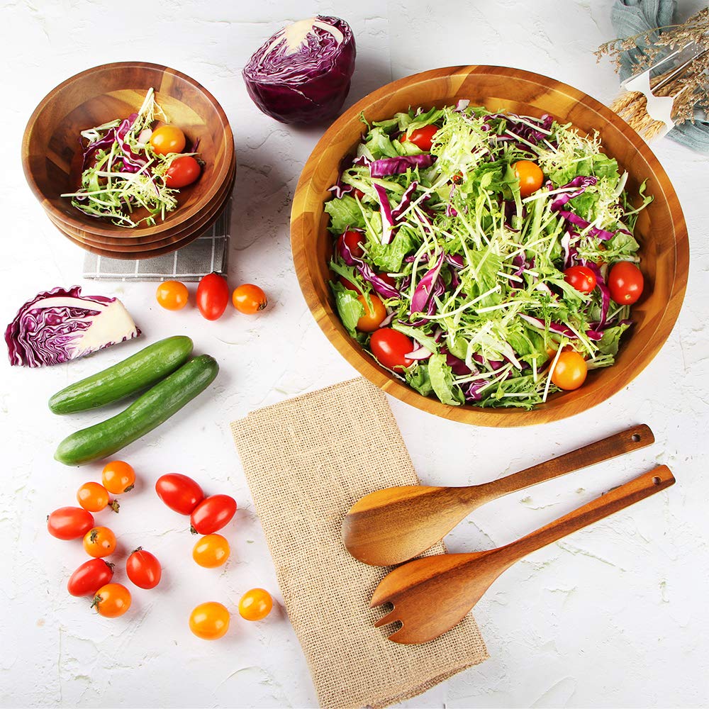 AIDEA Salad Bowls, Wooden Salad Bowls Set, Large Acacia Wood Serving Bowl for Fruits, Salad, 12.5" Big Salad Bowl with Serving Utensils