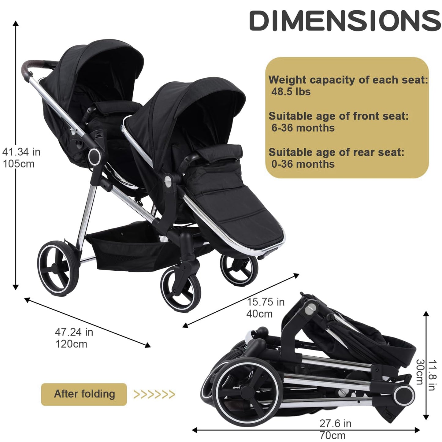 Double Stroller for Twins Infants and Toddlers, Foldable Tandem, Convertible Twin to Single Stroller, Compact Light Weight, Ages 0-3 Years