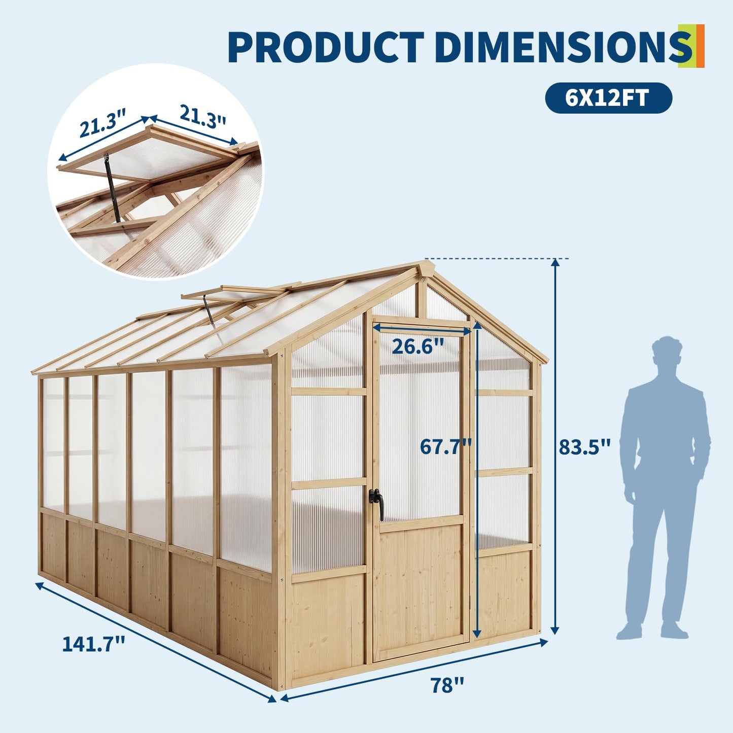 GarveeLife 6'x12' Wooden Greenhouse for Outdoor, Large Walk-in Greenhouse Kit with Ventilated Window, Door & Polycarbonate Panels, Heavy Duty Wood Frame Green House for Patio Garden Backyard