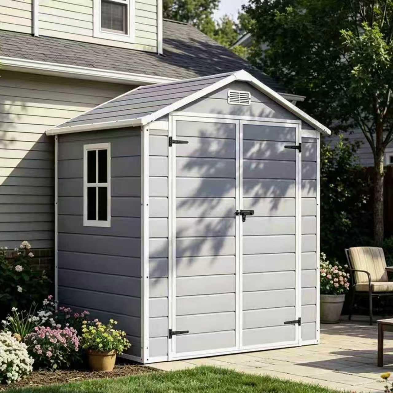 Devoko 6 x 4 FT Plastic Outdoor Storage Shed with Floor, Resin Tool Shed with Window, Outside Waterproof Garden Shed with Lockable Door for Patio, Backyard, Poolside, Light Grey
