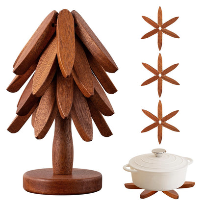 Vertdens Wooden Trivets for Hot Dishes, Hot Dish Coaster with Tree-Shaped Wood Collapsible Hot Pad Trivet Tree for Restaurant, 4 Wooden Trivet + 1 Stand（Walnut Wood）