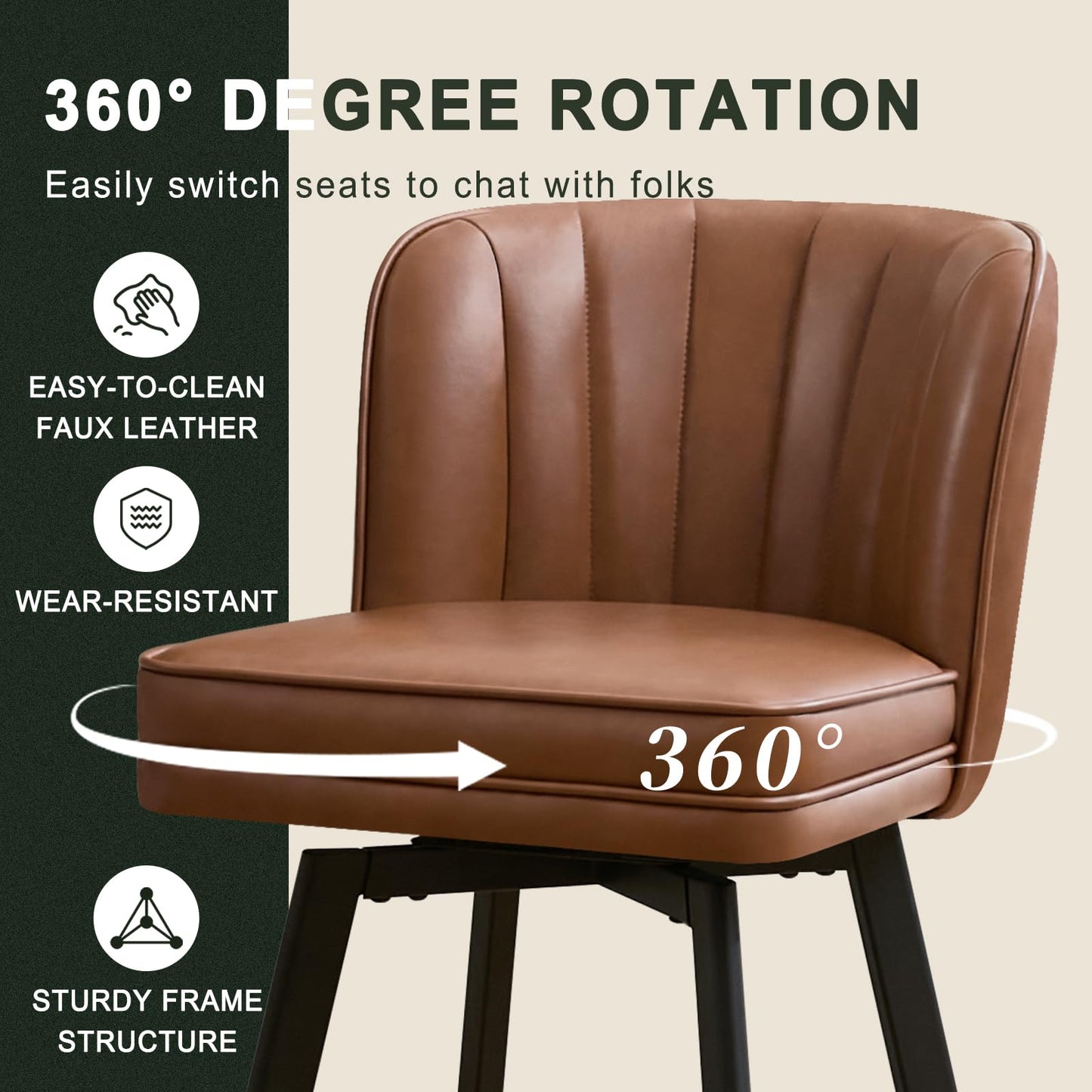 SAECKBERG Swivel Counter Height Bar Stools Set of 4, 26'' Modern Barstools with Backs and Metal Legs, Upholstered Bar Chairs, Faux Leather Dark Brown Stools for Kitchen Island Chairs