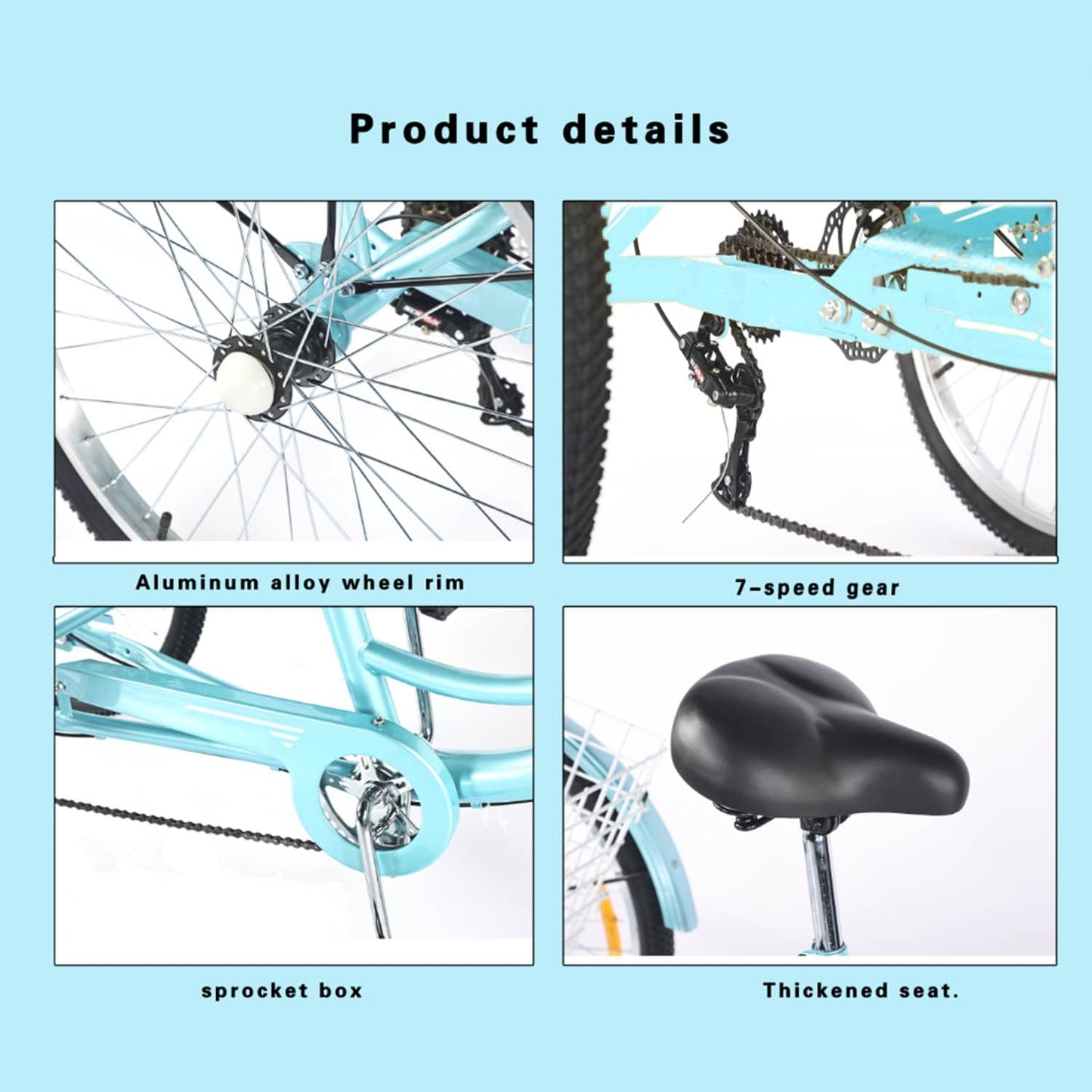 Adult Tricycle 7 Speed 24 Inch Trike, 3 Wheel Bikes Extended Rear wheelbase Trikes Wheel Bike with Rear Basket and Rear Seat, for Women,Men,Seniors,Maximum Load 550lbs (Blue)