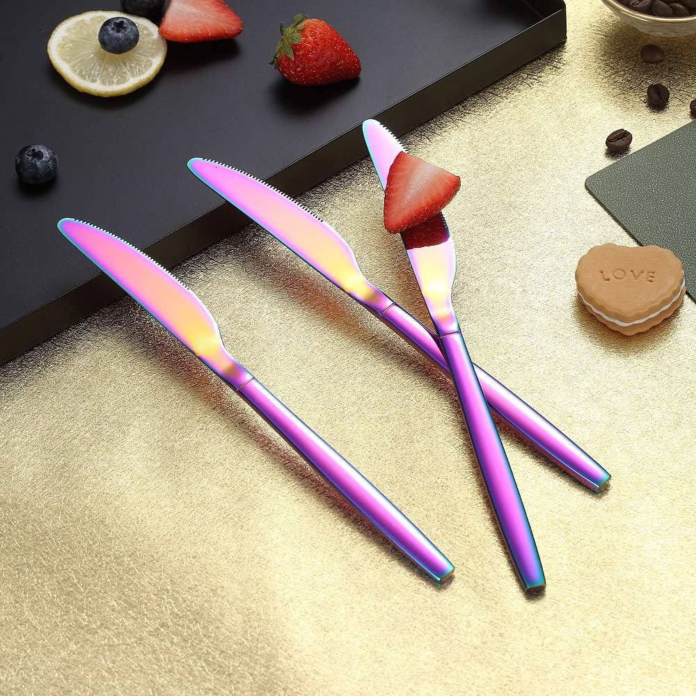 HOMQUEN Rainbow Dinner Knives, 4 Pieces, 9" Stainless Steel Modern Design with Colorful Titanium Plating