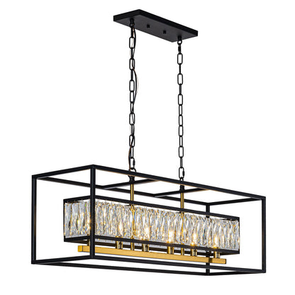 Vezzio Modern Crystal Chandelier for Dining Room 6-Light Luxury Black and Gold Rectangle Contemporary Hanging Adjustable Pendant Light Fixture Over Table for Kitchen Island, L35 Inch