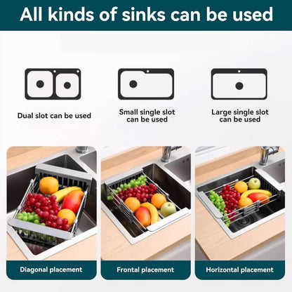 Adjustable Dish Drying Rack with Stainless Steel Drain Basket Over-The-Sink - Portable & Telescopic Space-Saving Solution for Fruit Vegetable