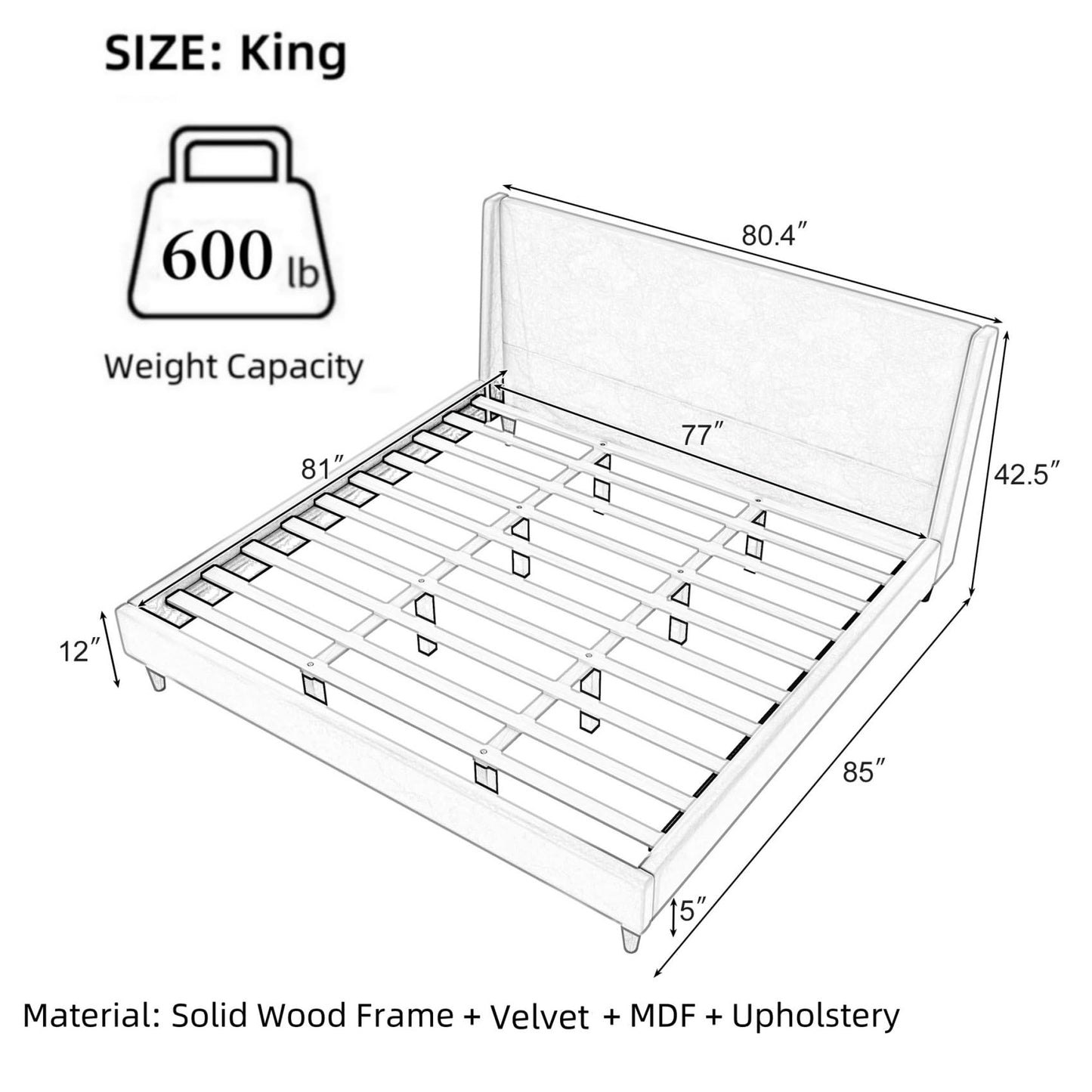 Merax Solid Wood King Size Velvet Bed Frame with Wingback Headboard, Modern Upholstered Platform with Walnut Wooden Legs, Strong Wooden Slats, No Box Spring Needed, Beige