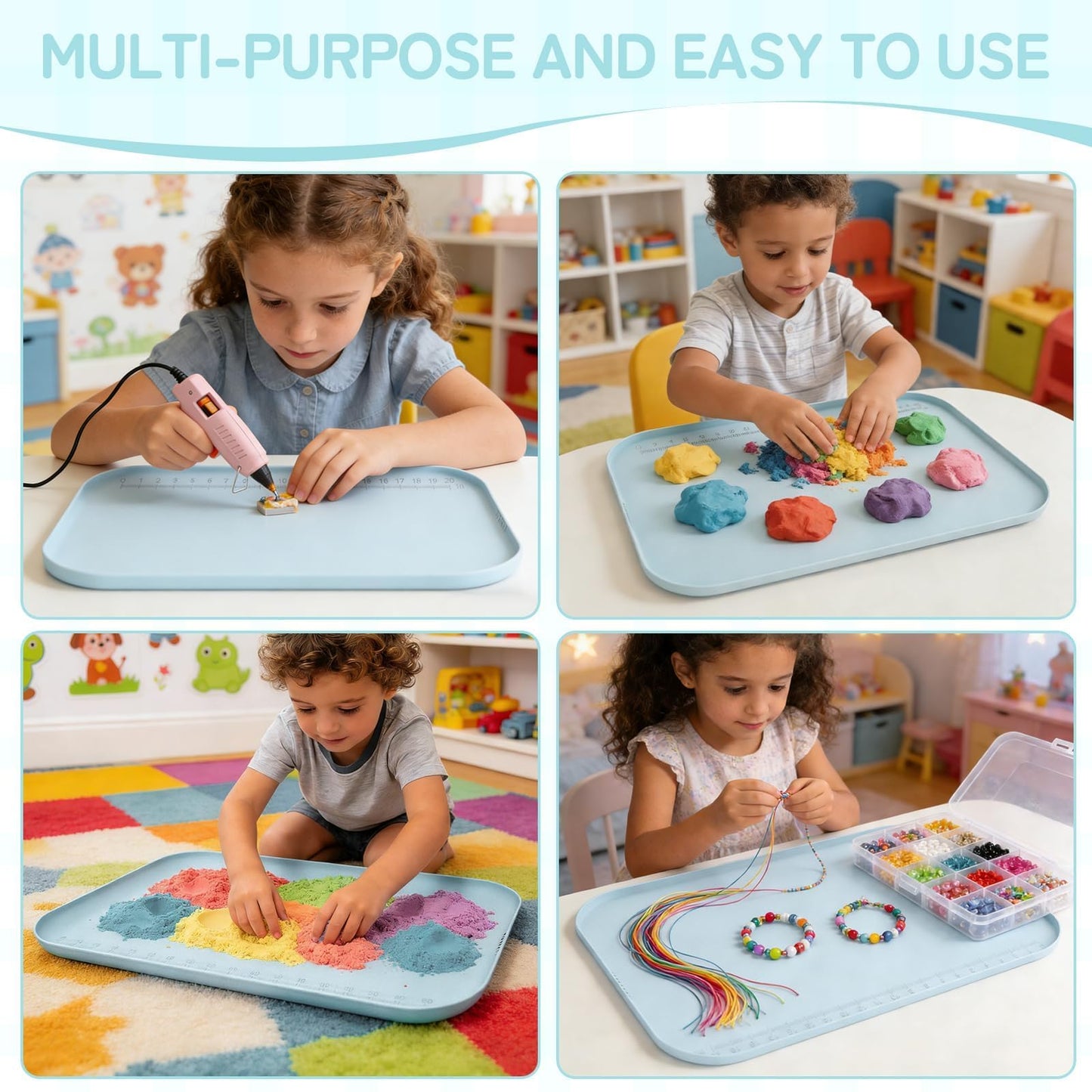 AWOKE 24"x16" Silicone Mats for Crafts with 0.7" High Edges, Large Leak-Proof Art Mat for Resin, Painting, Clay, Slime, Non-Stick & Non-Slip Table Protector for Kids & Adults, Easy to Clean (Blue)