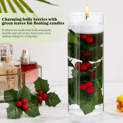 Christmas Holly Berries for Crafts, Faux Flowers and Holly Leaves, 50 Pcs for Wreath Fillers