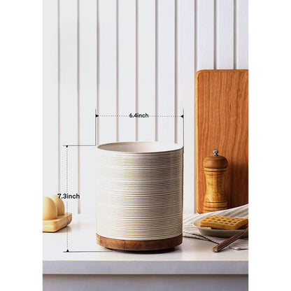 Utensil Holder, 360° Rotating Extra Large Ceramic Kitchen Utensil Holder for Countertop, 7.3“ Cooking Utensil Crocks for Kitchen Counter with Rotatable Wooden Base, Farmhouse Decor, Arctic White