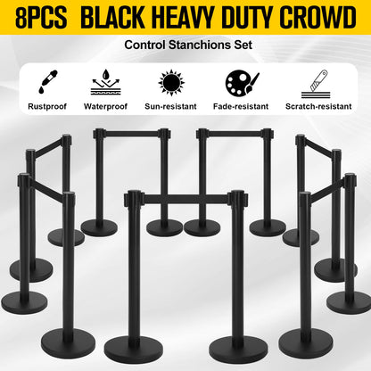 Therwen 8 Pcs Stanchions with 8.2 ft Retractable Belt Black Crowd Control Stanchions Set and Stanchion Post Sign Easy to Assemble Line Dividers Queue Ropes for Theaters, Weddings, Exhibitions