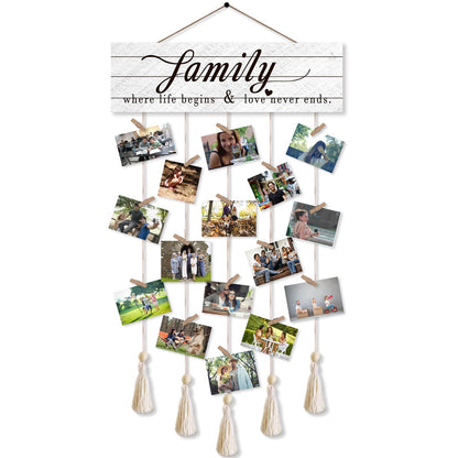 Gwisml Photo Wall Display,Collage Picture Frame,Clip Photo Holders for Wall,Wooden Hanging Photo Display with 16 Clips 5 Strings,Family Where Life Begins and Love Never Ends Sign Wall Decor