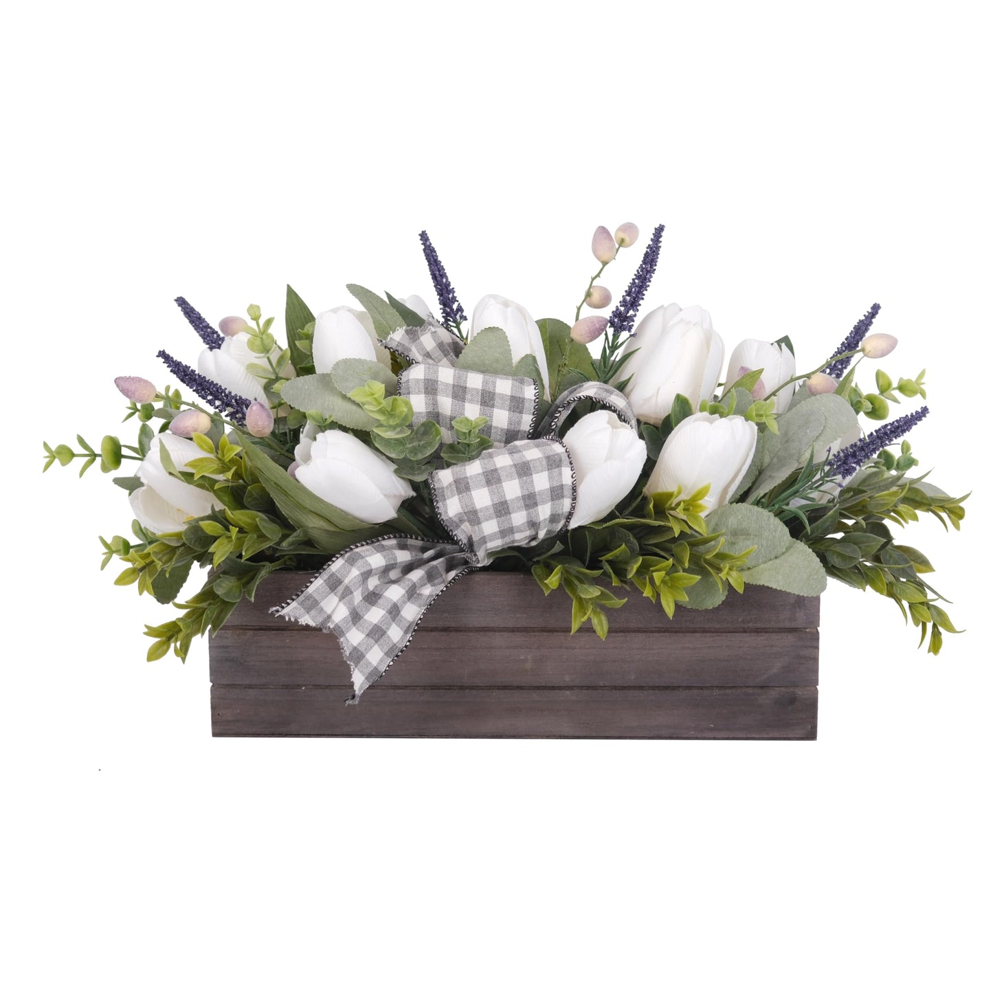 Spring Table Decor Faux White Tulips Arrangement, Spring Easter Tabletop Floral Centerpiece, Artificial Tulip Lavender Eucalyptus Boxwood and Bow in Rectangular Wood Box for Home Decoration, 14in