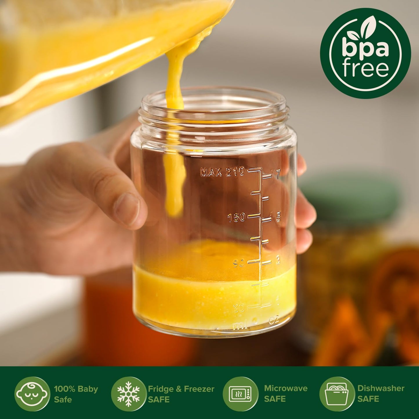 haakaa Baby Food Storage Containers Set,100% Leak-Proof Glass Baby Food Jars with Silicone Lids, Fridge –Freezer & Microwave Safe,4 PCS 7 oz,Pea Green