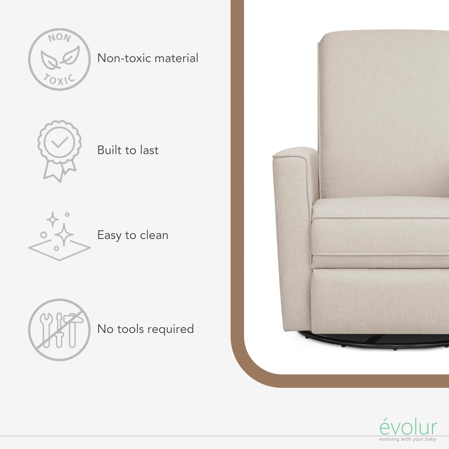 Evolur Raleigh Upholstered Manual Glider Recliner– Rocking & 360° Swivel with Smooth Glide – Greenguard Gold & FSC Certified – Modern Nursery and Living Room Chair in Light Sand
