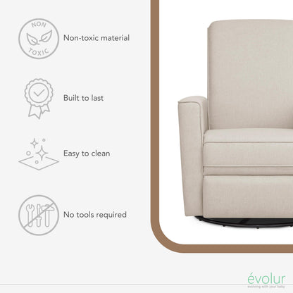 Evolur Raleigh Upholstered Manual Glider Recliner– Rocking & 360° Swivel with Smooth Glide – Greenguard Gold & FSC Certified – Modern Nursery and Living Room Chair in Light Sand