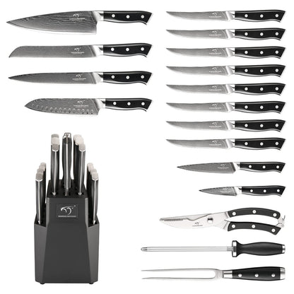 NANFANG BROTHERS 18-Piece Damascus Kitchen Knife Sets, 67-layer Japanese Damascus Steel Heat-Treated and Forged, ABS Ergonomic Handle, Ultra Sharp Chef Knife Block Set with Sharpener