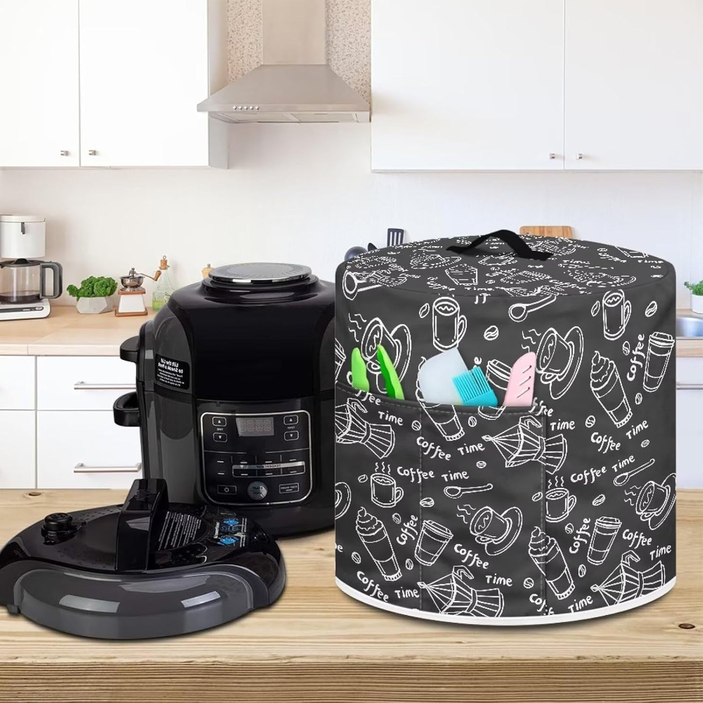 Dust Cover for 3 Quart Instant Pot, Easy Clean Pressure Cooker Cover with Pocket for Home Decor (Coffee Time Black)