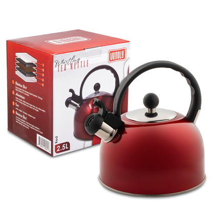 Venoly 2.5 Liter Whistling Tea Kettle - Modern Stainless Steel Whistling Tea Pot for Stovetop Hot Water Boiler with Cool Grip Ergonomic Handle (Wine Red, 2.5 Liter)