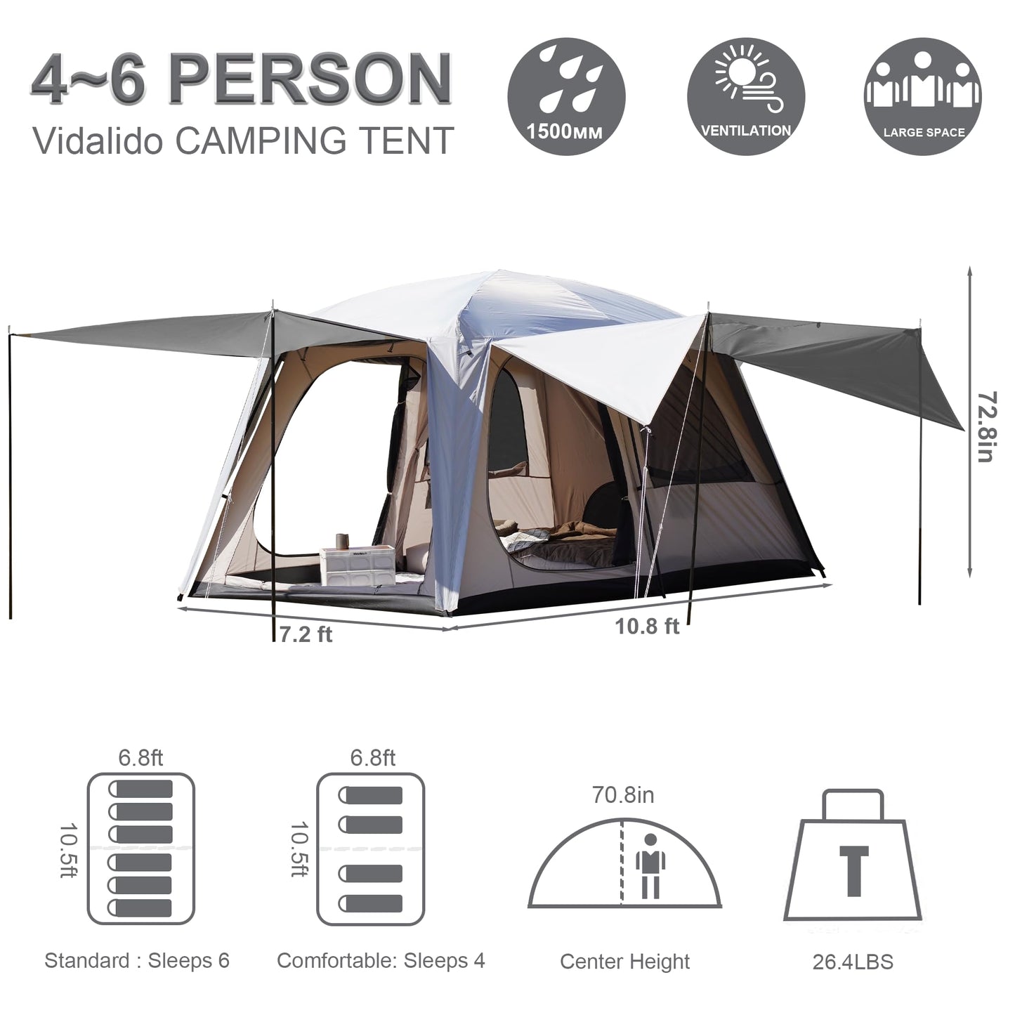 Vidalido 4-6 Person Camping Tent with 3 Door 2 Room Large Family Cabin Tents, Double Layer Waterproof Portable Glamping Tent, Big Tents for Outdoor Camping Hiking and Backpacking