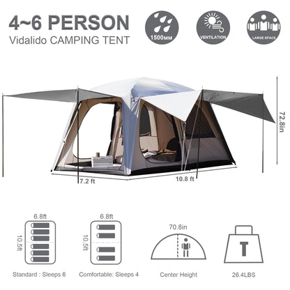 Vidalido 4-6 Person Camping Tent with 3 Door 2 Room Large Family Cabin Tents, Double Layer Waterproof Portable Glamping Tent, Big Tents for Outdoor Camping Hiking and Backpacking
