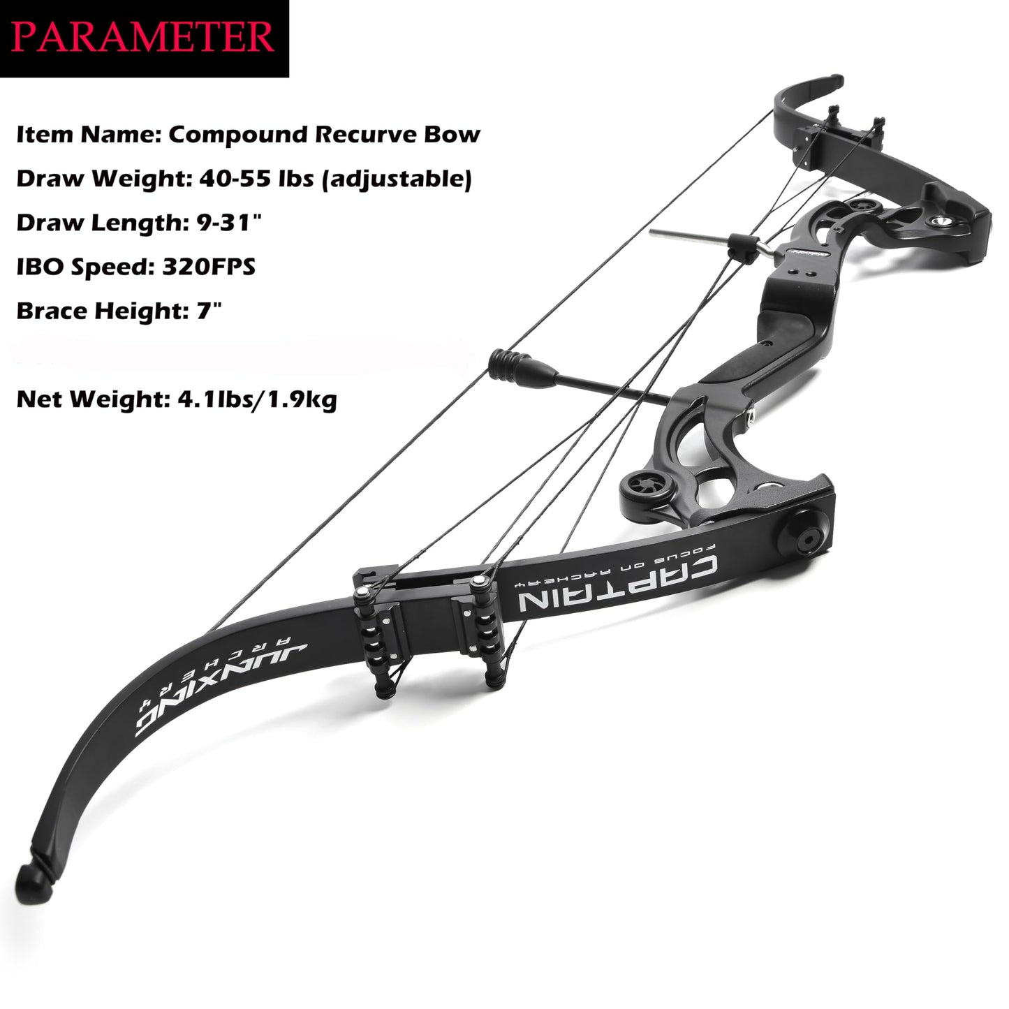 ZSHJGJR Recurve Bow American Hunting Bow 320FPS Draw Weight 40-55lbs Adjustable Compound Bow Right Hand for Archery Hunting Fishing Shooting (Black Bow Only)