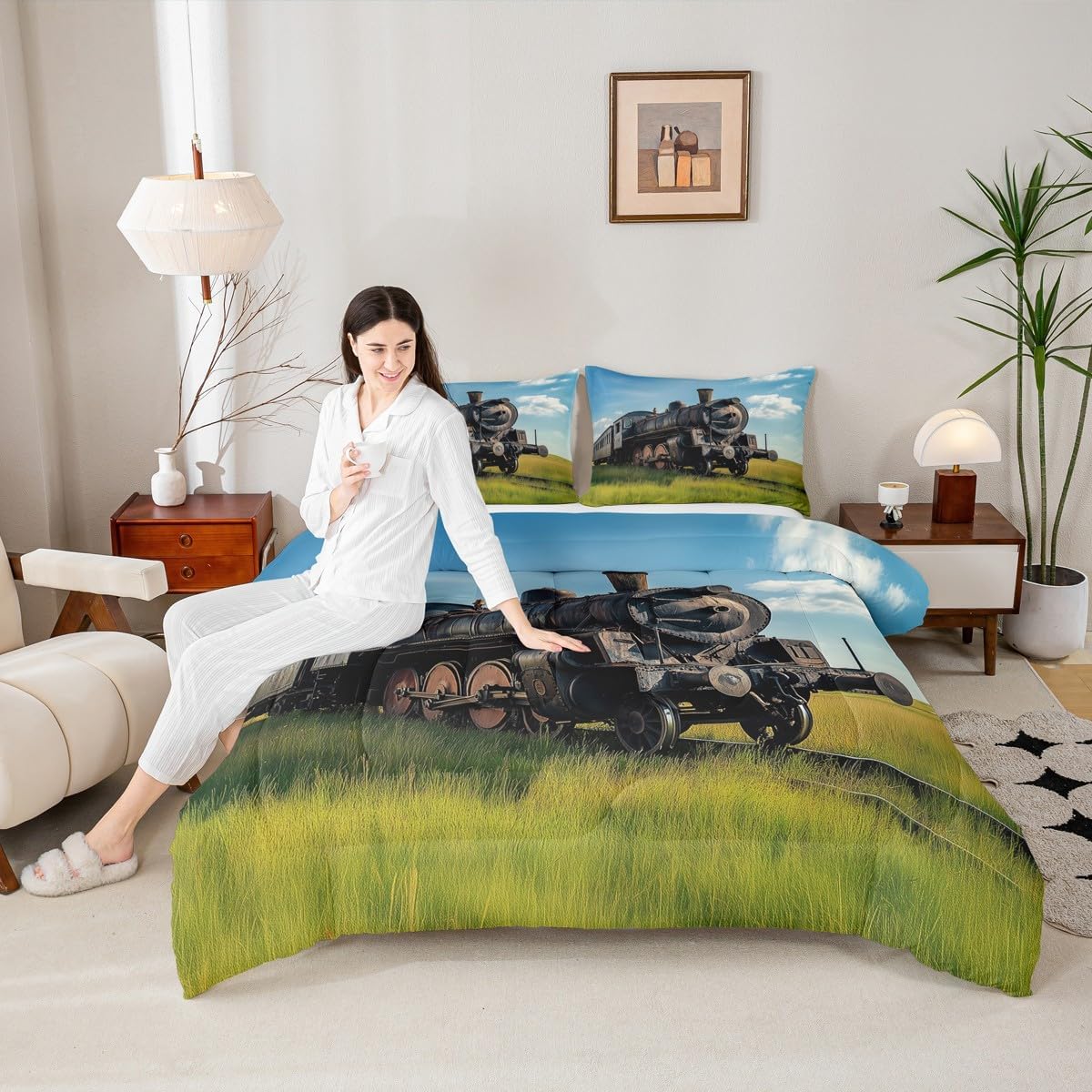 Sets Set Sets,Green 2 Erosebridal Train Comforter Queen Size Retro Steam Engine Bedding for Kids Boys Teens,Railway
