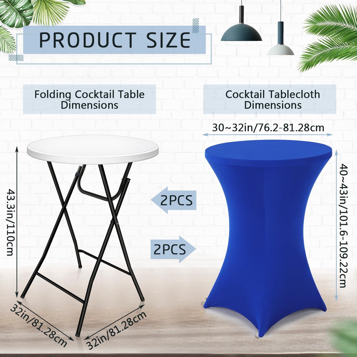 Wenqik 2 Sets 32" High Top Round Folding Cocktail Tables White Bar Height with Removable Legs & 32"x43" Spandex Stretch Table Covers (Royal Blue)