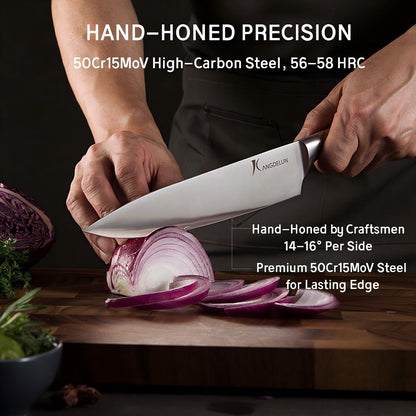 Kangdelun Ultra Sharp 14-Piece Kitchen Knife Set, High Carbon Stainless Steel Blades, Torrefied Brown Wood Handles, Ergonomic Design, Space-Saving Black-Finished Wood Block, Easy Hand Wash, Gift Box