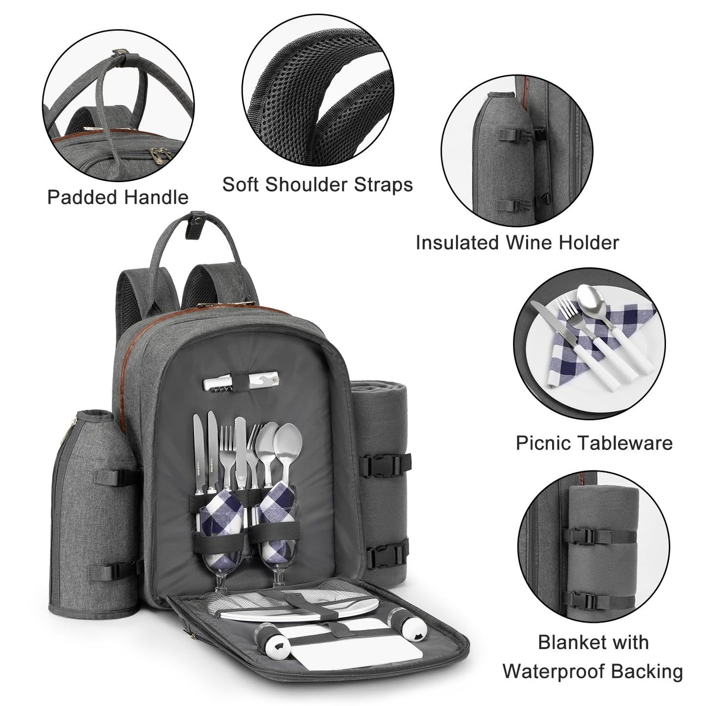 ALLCAMP Picnic Backpack - Insulated Cooler Bag with Compartment, Detachable Wine Glass Holder, Throw Blanket & Cutlery Set, 2 Person Picnic Set for Family Outings, Couple Gifts (Gray)