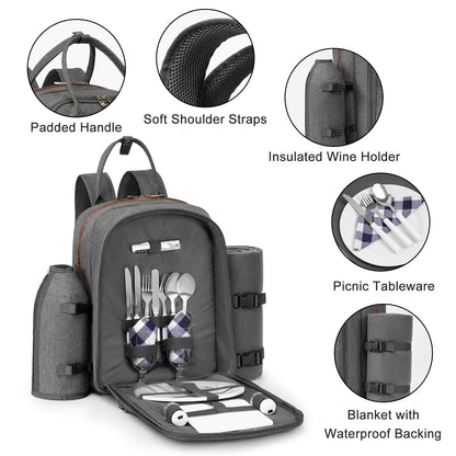 ALLCAMP Picnic Backpack - Insulated Cooler Bag with Compartment, Detachable Wine Glass Holder, Throw Blanket & Cutlery Set, 2 Person Picnic Set for Family Outings, Couple Gifts (Gray)