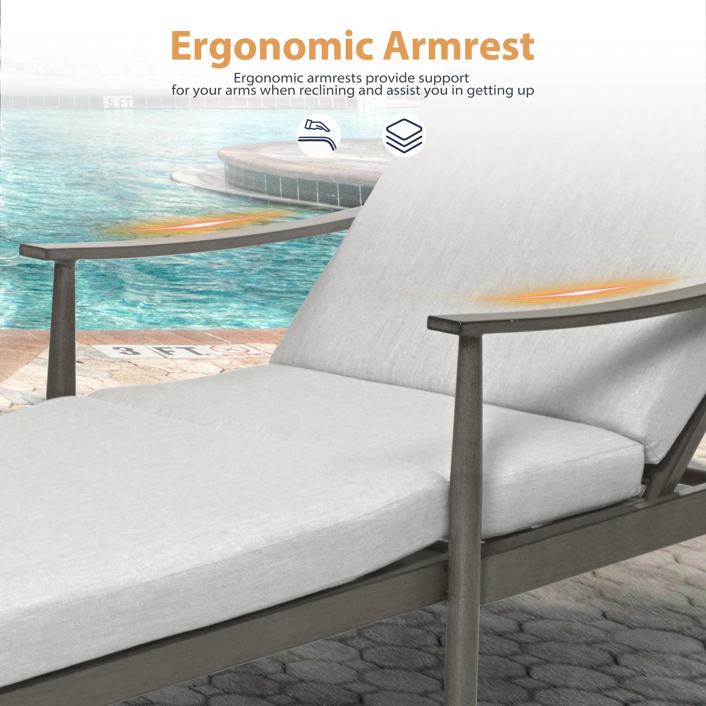 HAPPATIO Outdoor Chaise Lounge - Aluminum Pool Lounge Chair with Adjustable Backrest and Cushion, Curved Armrest, Outdoor Lounge Chair for Beach, Yard, or Poolside (Grey)