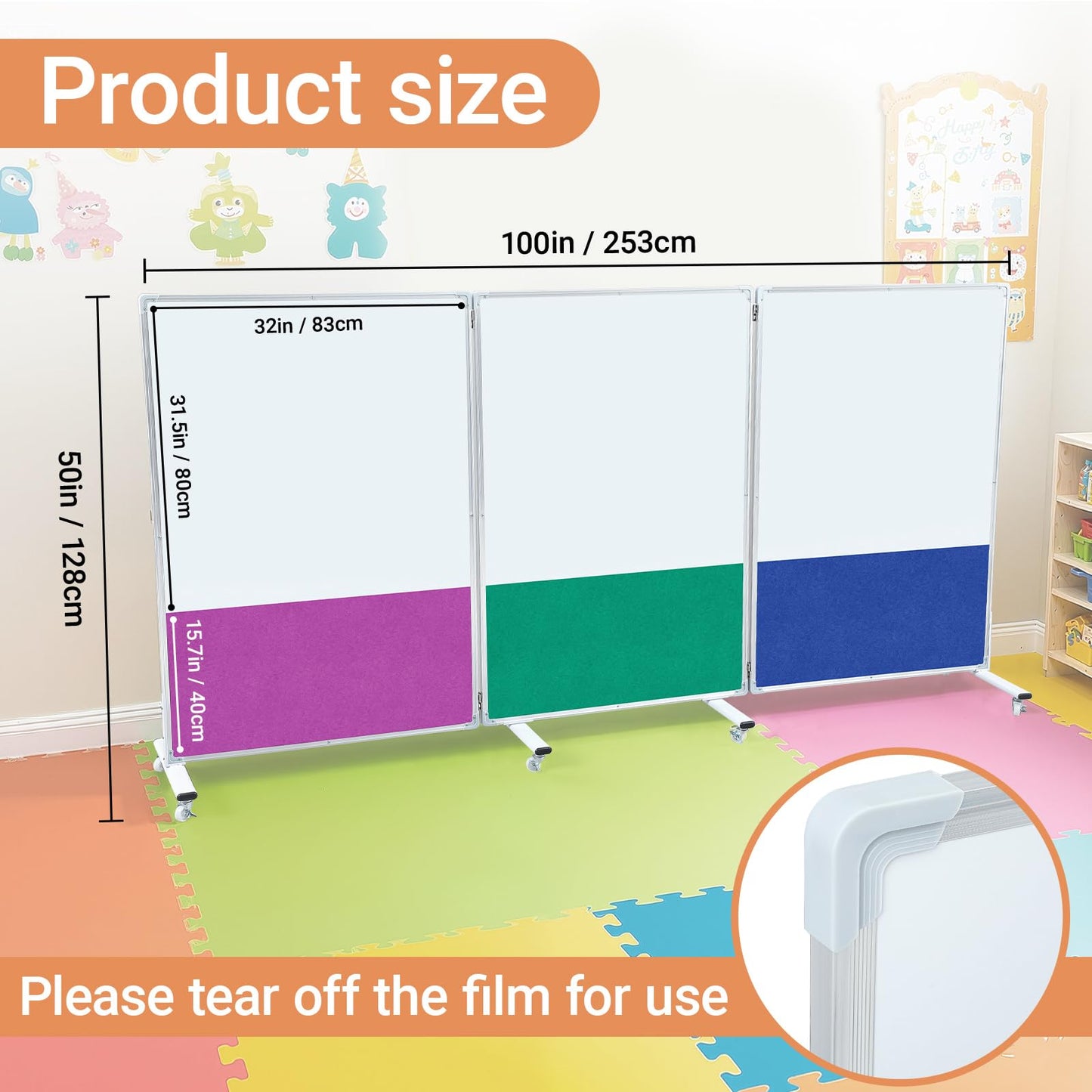 AmazingSpark Set of 3 Classroom Dividers for Room Separation, 4 x 8 ft Short Play Panels for Room Divider, Double-Sided Magnetic Dry Erase Board and Felt Board for Preschool(Bright)