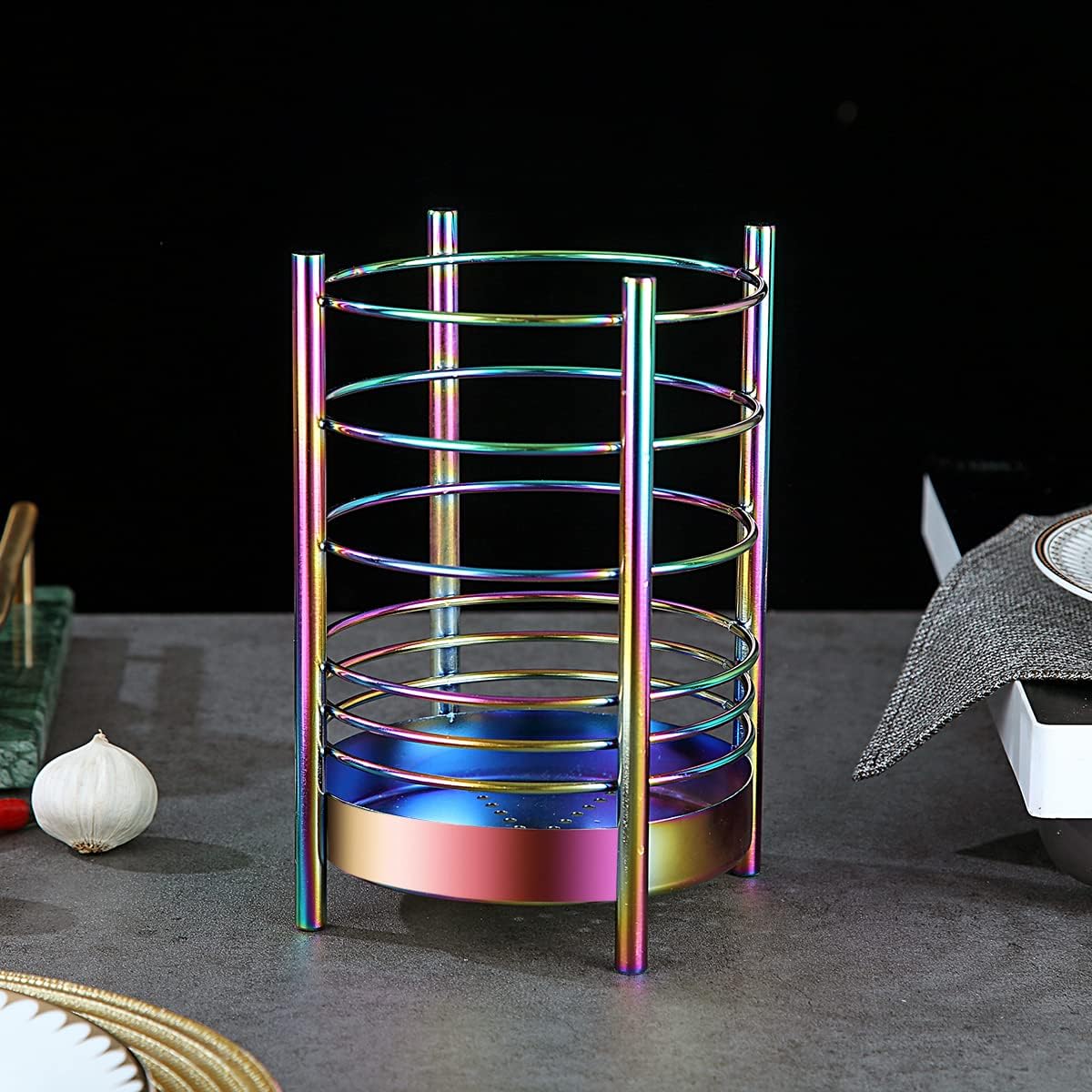 Rainbow Kitchen Utensil Holder for Counter, Stainless Steel Crocks with Rainbow Titanium Coating, Easy Cleaning