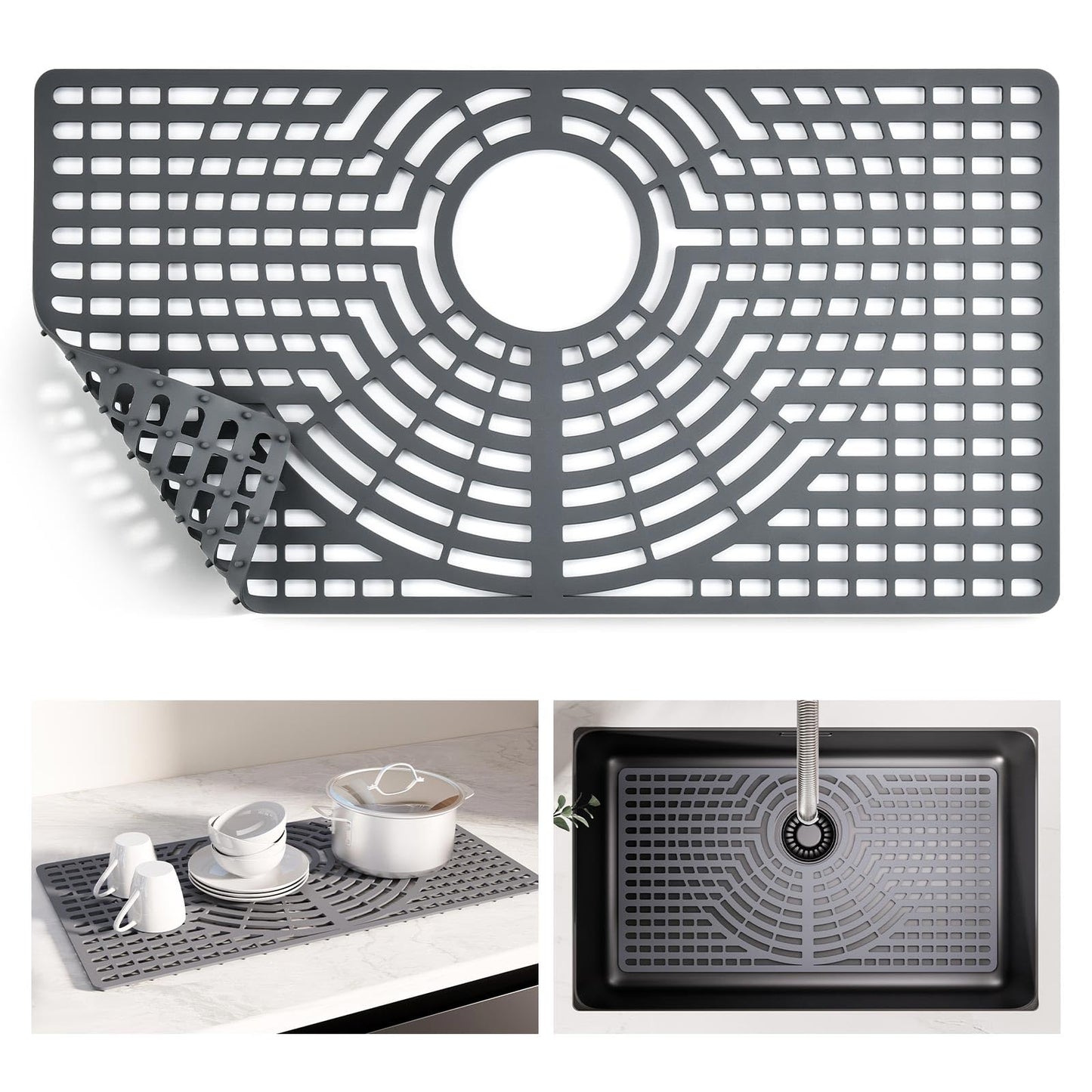 Snuggery Silicone Sink Protector 30"x16" Rear Drain Hole, Heat Resistant Non-slip Dishwasher Suitable, Large Sink Mat for Bottom of Farmhouse Kitchen Stainless Steel Sinks