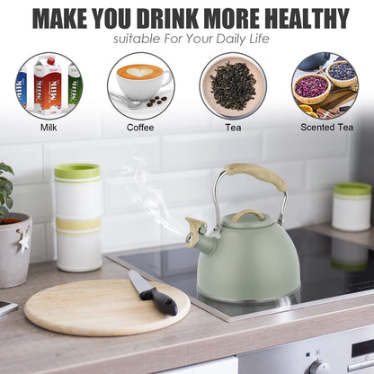Tea Kettle -3.0 Quart Whistling Tea Kettle for Stove Top Stainless Steel Tea Pot Stovetop Food Grade Water Kettle with Wood Pattern Handle for Coffee/Tea/Milk Kettle Pot-Green