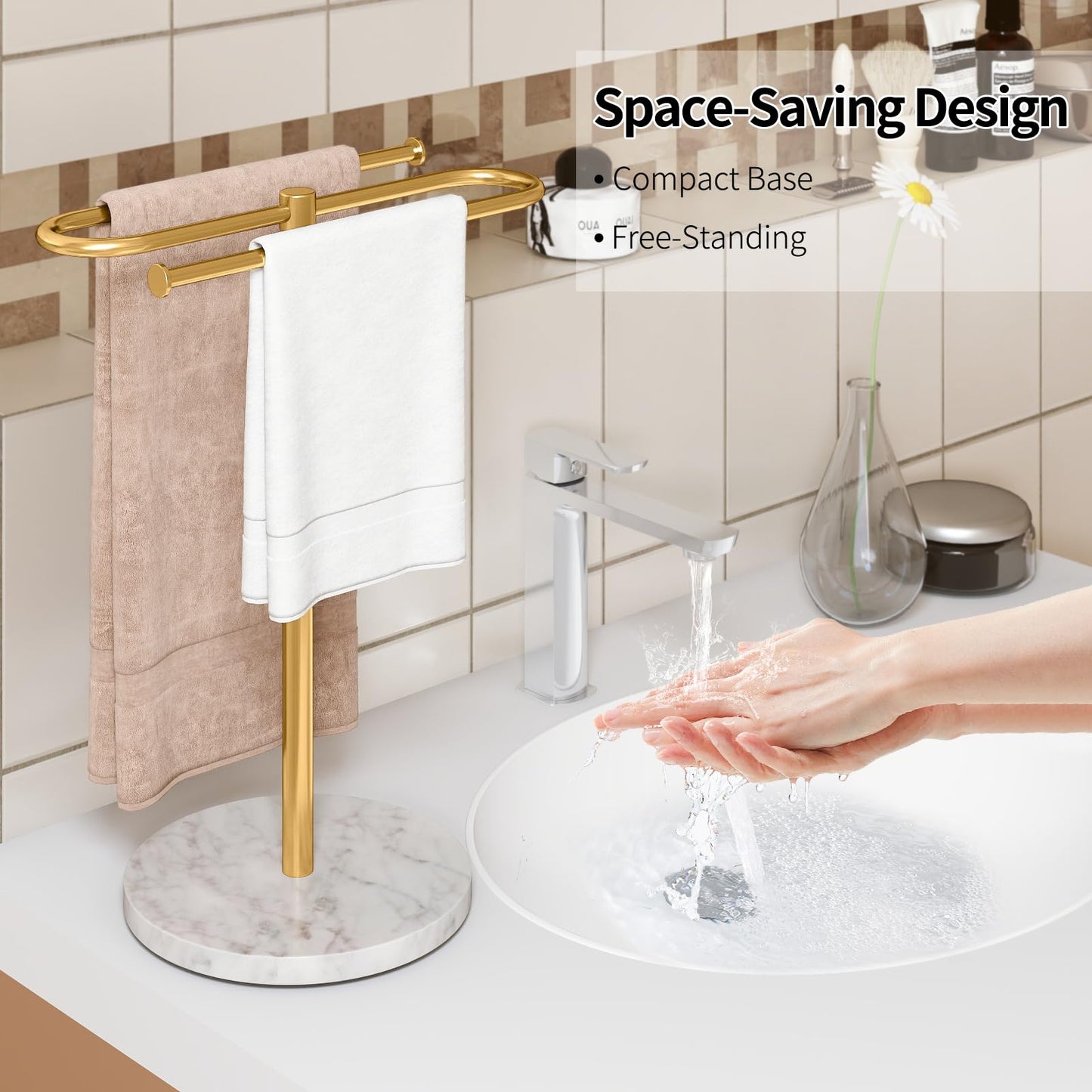 STWWO Countertop Towel Stand Free Standing with Marble Base, S-Shape Hand Towel Stand for Bathroom Stainless Steel Rust-Proof, Hand Towel Holder Standing for Kitchen Vanity Countertop (Gold)