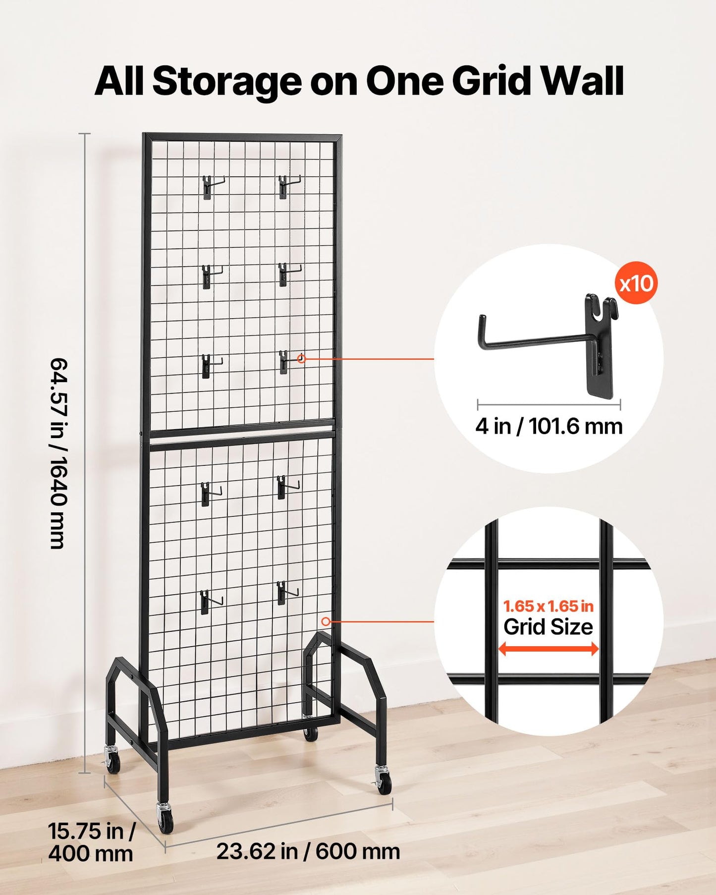 VEVOR Grid Wall Panel, 1.9 x 5.4 ft Wire Grid Panels Display Rack, Movable Art Display Shelf with Wheels and 10 Hooks, Black Carbon Steel Gridwall for Craft Show, Decoration, Storage, Notice Board